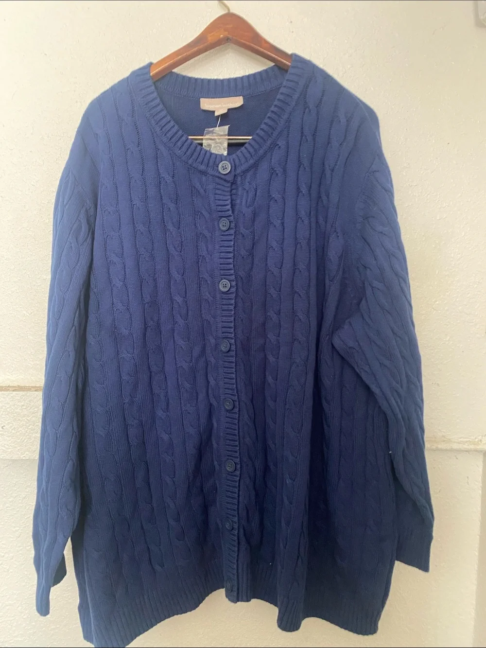 Woman Within - 100 Cotton-Navy Cable-Knit Button Front Cardigan